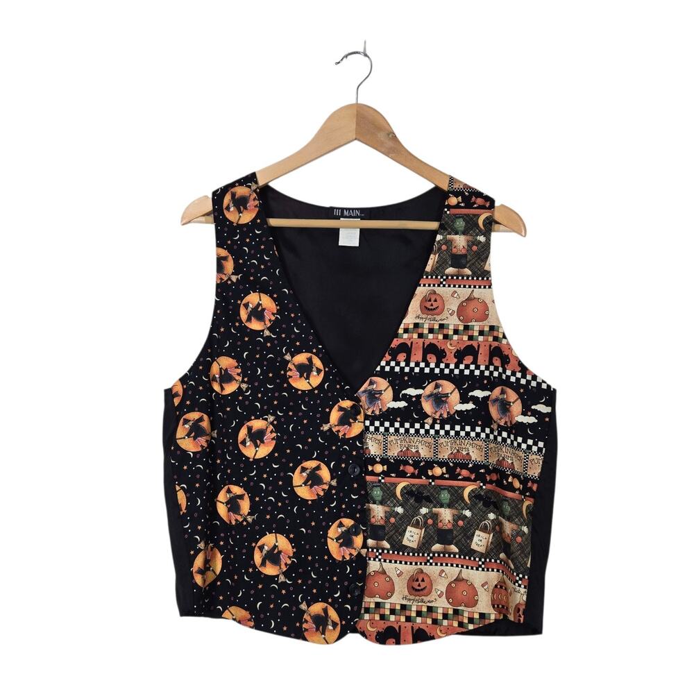VTG 111 Main Halloween Vest L Black Orange Witch Pumpkins Black Cat Trick Treat